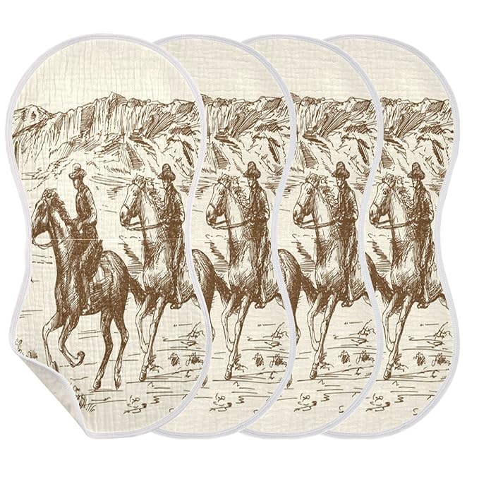 WELLDAY Muslin Baby Burp Cloths Set of 4, Soft Absorbent Western Desert Cowboy Muslin Washcloths, Bibs, Face Towel for Newborn Boys Girls, 22 x 11 Inch