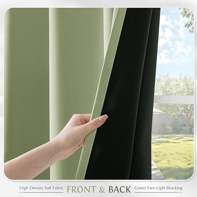 Beauoop Sage Green 100% Blackout Curtains 63 Inch Long 2 Panels for Bedroom Living Room Solid Room Darkening Thermal Insulated Soundproof Energy Saving Grommet Top Window Treatment Drapes,52x63 2 Set