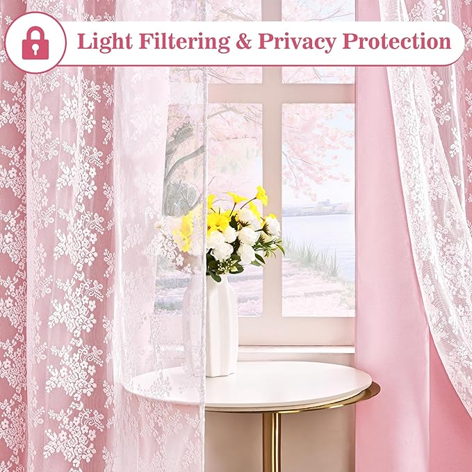Yinhua Pink Curtains for Girls Room Double Layer Blackout Curtains for Bedroom 84 Inches Long Nursery Curtain for Living Room, Grommet Drapes with Tiebacks, 52" W x 84" L