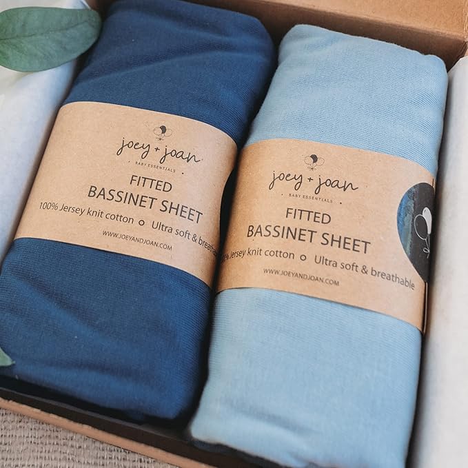 Bassinet Fitted Sheets Compatible with Dream on Me Traveler Portable Bassinet & Skylar, Seashell Bedside Sleeper – Snuggly Soft 100% Jersey Cotton – Dusty Blue + Navy – 2 Pack