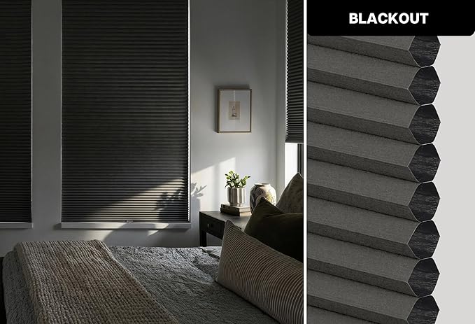 LazBlinds Cordless Cellular Shades, No Tools No Drill Blackout Honeycomb Shades Pleated Blinds for Windows, 34 1/2" W x 64" H, Midnight Black