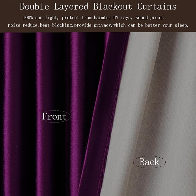 PRIMROSE 100% Full Blackout Purple Velvet Curtains, Set of 2, 52"W x 120"L (Pack of 2), Living Room, Bedroom, Heavy Decorative Drapes with Rod Pocket & Back Tab Hanging Style