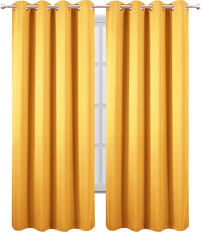 LEMOMO 100% Blackout Curtains 52 x 95 Inch/Yellow Curtains 2 Panels with Black Lining Room Darkening Thermal Insulated Bedroom Curtains