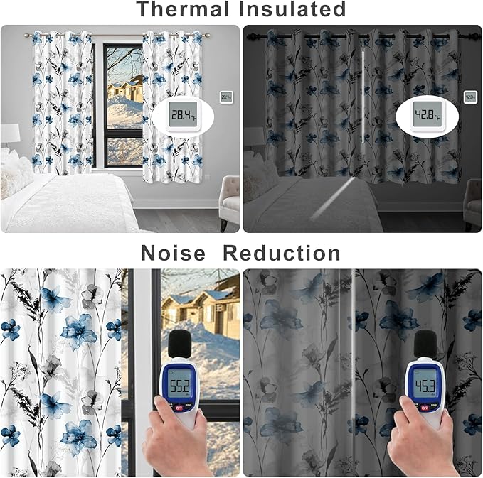 Watercolor Blue Floral Blackout Curtains for Bedroom and Living Room, Grommet Light Filtering Black Out Window Curtains 63 Inch Long 2 Panel Sets, Room Darkening Thermal Curtains for Winter Insulated