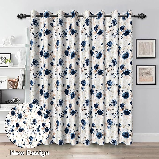 Renaiss Blue and White Floral Blackout Curtains Gold Line Rose Flowers Thermal Insulated Window Drapes for Bedroom 29W x 45L inches 2 Panel Set Window Curtain Panels for Kitchen