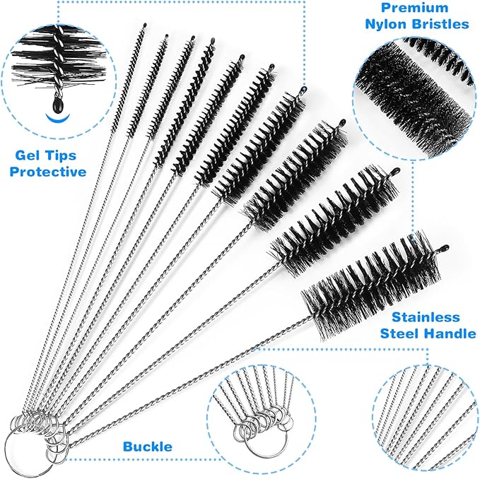 Ixiaoyoo Cleaning Brushes Set, 10 Pieces 8 Inch Nylon Tube Brush + 60 Inch Flexible Long Drain Brush, Hose Pipe Brush, Suitable for Home Kitchen, Bathroom, Fish Tank, Water Pump Accessories (Black)
