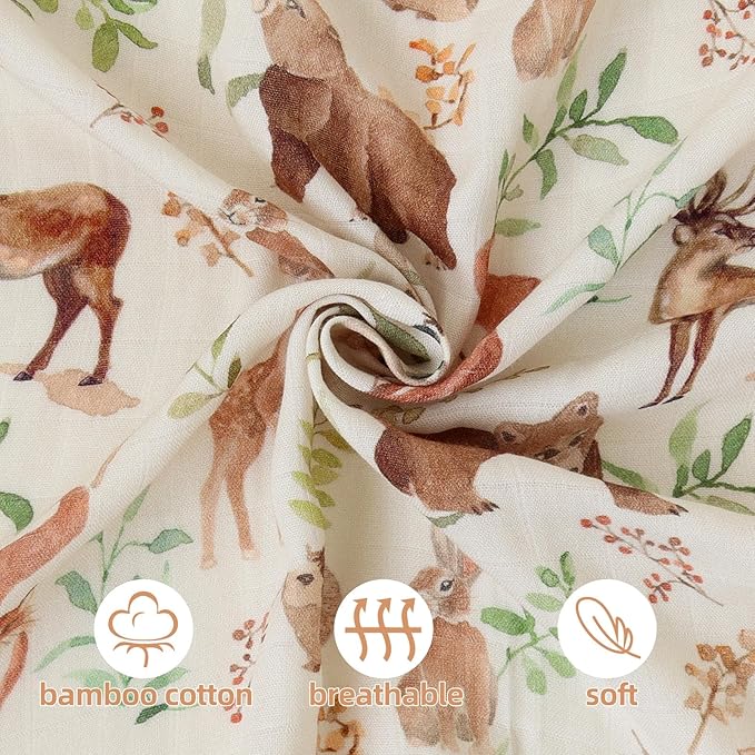 LifeTree Baby Swaddle Blankets, Muslin Swaddle Blankets Boys Girls Swaddling Wrap Receiving Blanket for Newborn, 70% Viscose Bamboo and 30% Cotton, Large 47" x 47", Woodland Pattern