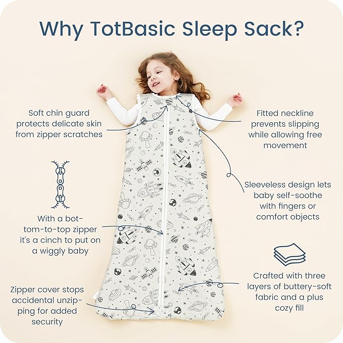 TOTBASIC 1.0 TOG Sleep Sack 6-12-15 Months, Ultra Soft Sleeping Bag, Premium Baby Wearable Blanket with 2-way Safe Zipper All Season Sleep Sack, 1 Pack(Space Odyssey)