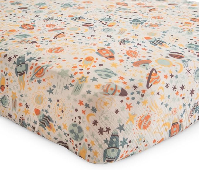 mushie Extra Soft Muslin Fitted Crib Sheet | 192 Thread Count | 28"x 52" (Space)