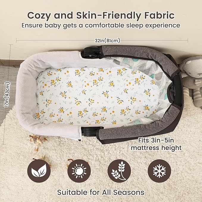 david's kids 3 Pack Bassinet Sheets, Ultra Soft Breathable Comfortable Baby Sheet Set for Boys Girls Neutral, Univeral Fit for Most Cradle and Bassinet Mattress, Leaf & Floral