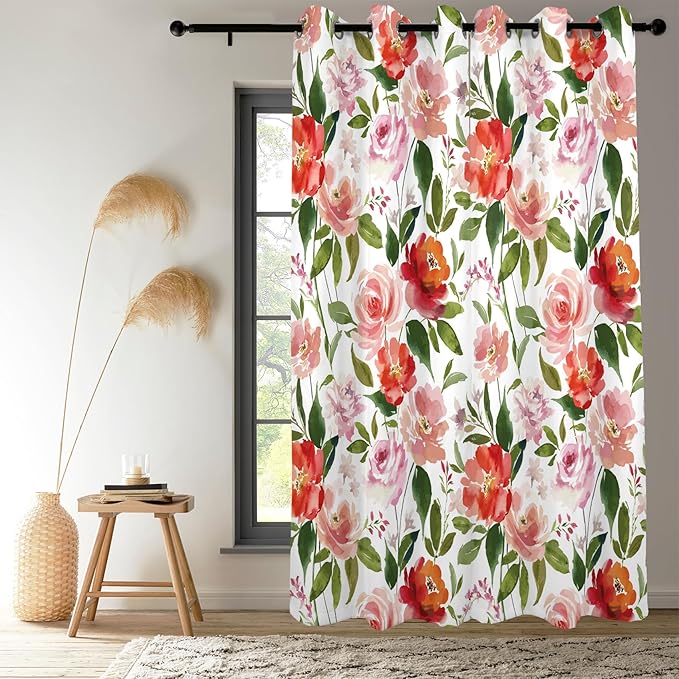 Renaiss Watercolor Flowers Curtains Rose Peony Floral Print Blackout Window Curtain Panels Thermal Insulated Grommet Top Window Curtains for Living Room Bedroom 29W x 55L Inch 2 Panel Set