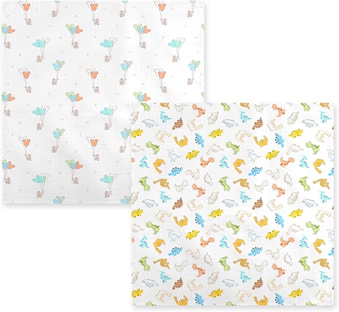 2-Pack 100% Cotton Muslin Swaddle Blankets, Large 47 x 47 Inches — Breathable Soft Receiving Blankets for Newborns, Swaddling Wraps, Baby Essentials, Registry Gift (Elephant & Dino Duo)