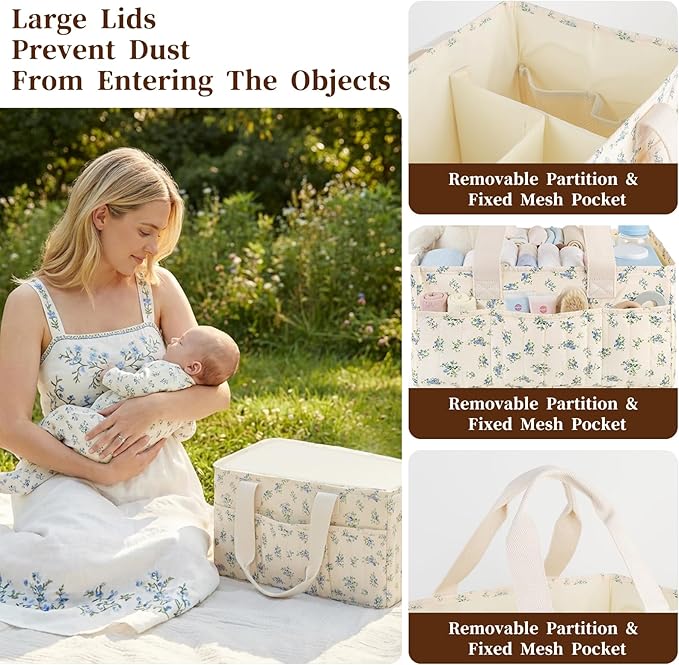 Baby Diaper Caddy Organizer with Portable Changing Mat-Portable Baby Organizers and Storage, Gift for Baby Shower, Baby Essentials Organizer with Removable Dividers (Blue Floral)