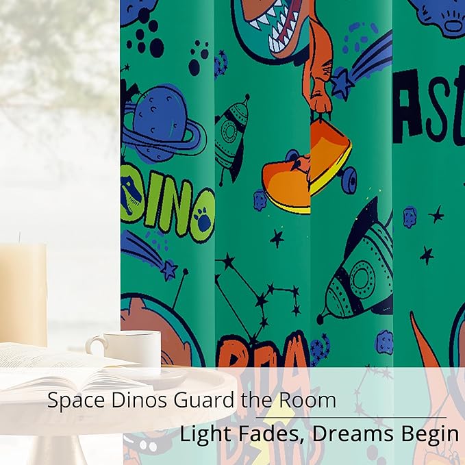Kids Space Dinosaur Blackout Curtains - 100% Blackout, Thermal Insulated, Noise Reducing, Perfect for Kids Room and Nursery, 2 Panels (Roar Power Dino, W52×L63)