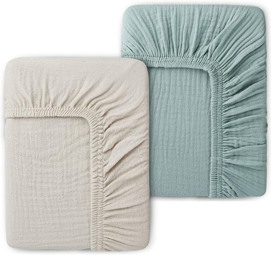 PET REJOIR Muslin Mini Crib Sheets for Girls & Boys-2 Pack 24"x 38" Soft Baby Mattress Sheets Fitted-No Slip Neutral Toddler Cotton Bedding-Boho Nursery Décor Sage Green & Beige