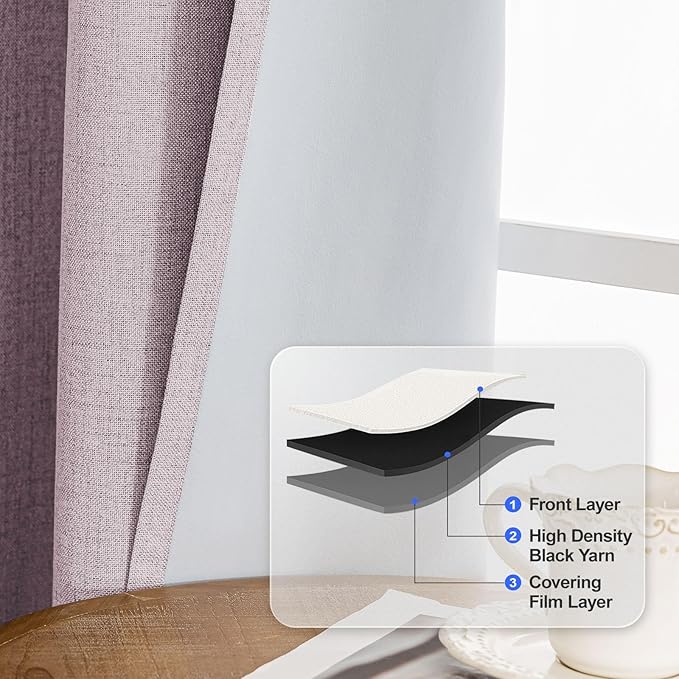 Linen 100% Blackout Curtains for Bedroom, Black Out Curtains 45 Inch Long, Room Darkening Curtains for Living Room, Long Curtain Grommets Drapes, Thermal Curtains(2 Panels, Pink)