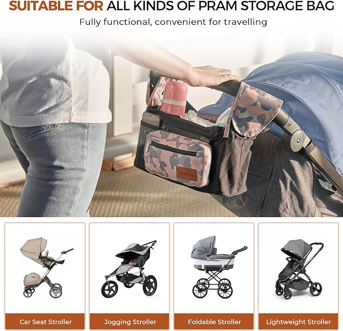 Stroller Organizer with Cup Holder Detachable Wristlet Large Capacity Baby Stroller Bag for Mom, Fits Uppababy, Baby Jogger, Britax, BOB, More (Multicolor)