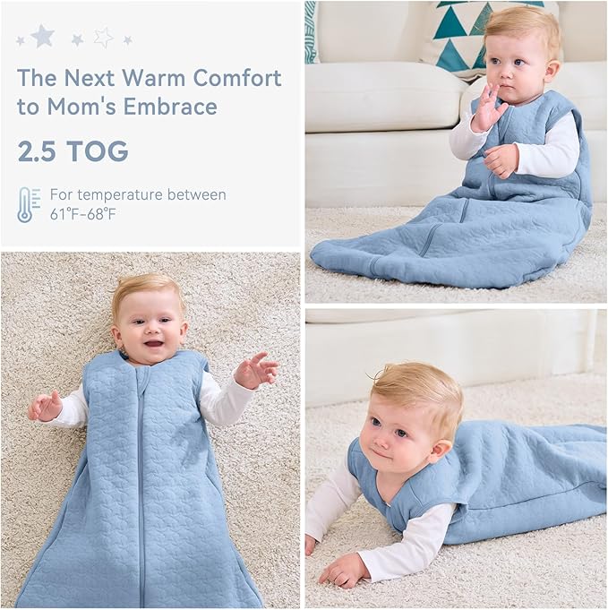 Unnivoll Baby Sleep Sack 0-6 Months TOG 2.5 Winter Baby Wearable Blanket, 100% Cotton Fabric Newborn Infant Sleeping Sack 2-Way Zipper Quilted Baby Sleep Bag, Warm Soft Blue