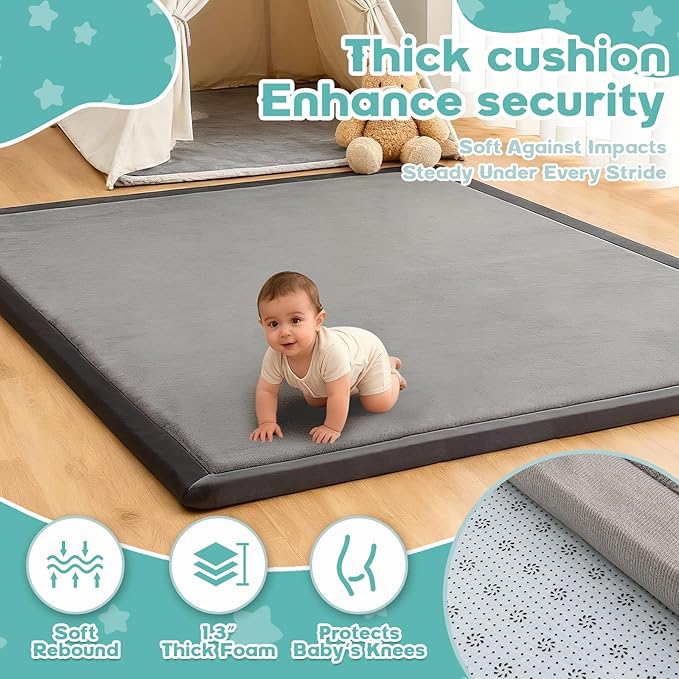 Baby Play Mat for Floor,1.3" Thick Elasti-Foam Playpen Mat for Tummy Time, Easy Care with Non-Slip Cushioned for Infant,Kids and Toddler Crawling