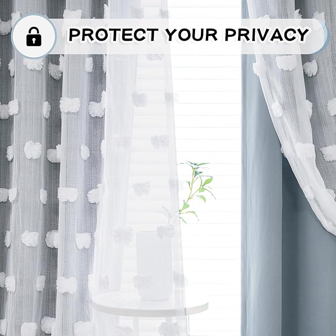 MYSKY HOME Dusty Blue Living Room Curtains 90 Inch Long Double Layer Blackout Curtains for Bedroom White Pom Pom Sheer Curtains for Kids Room Darkening Grommet Top Nursery Window Panels 52 x 90 in