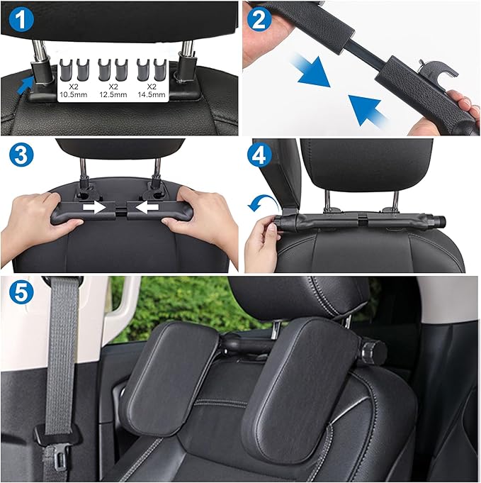Car Headrest Pillow, Adjustable Head Rest Pillow for Car Seat, Head Neck Support for Kids Adults Travel Sleeping, Fit for Headrest with Poles (Black)