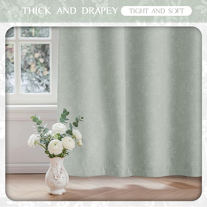 Beauoop Green Floral Jacquard Blackout Curtains 96 Inches Long 2 Panels for Living Room Bedroom Chenille Flower Room Darkening Thermal Insulated Soundproof Grommet Window Drapes, 52x96 Set of 2