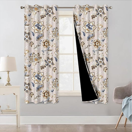 Floral Blackout Curtains for Bedroom and Living Room, Farmhouse Room Darkening Soundproof Thermal Insulated Blackout Curtains for Winter, Grommet Black Out Window Curtains 63 Inch Long 2 Panels Set