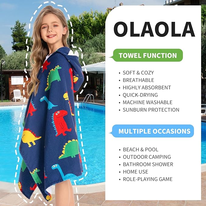 OLAOLA Colorful Dinosaur Hooded Towel for Kids 3-12 Years, 28" x 53" Soft Thick Absorbent Beach Towels, Toddler Bath Towel Wrap Swim Pool Towels Poncho for Boys Girls
