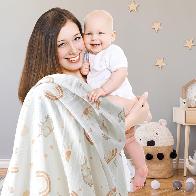 3-Pack 100% Cotton Muslin Swaddle Blankets, Large 47 x 47 Inches — Breathable Soft Receiving Blankets for Newborns, Swaddling Wraps, Registry Gift (Rainbow Elephant Safari)