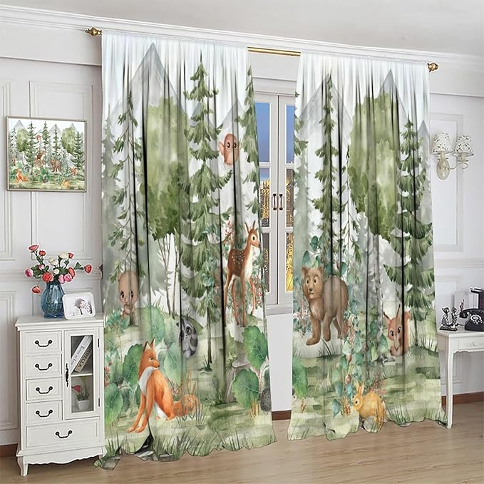 Kids Forest Animal Curtains,Fox Elk Bird Animal Watercolor Woodland Print Curtains Kids Nursery Bedroom Living Room Home Decoration 72x63 Inch