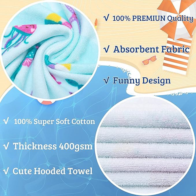 VOOVA & MOVAS Kids Hooded Beach Towel Age 3-8, 30''X50,Soft | Thick | Large | 100% Cotton,Absorbent Beach, Bath, Pool Towels Wrap for Girls, Sea Mermaid
