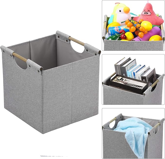 HOONEX Collapsible Storage Bins, 13x13x13in Storage Cubes Linen Fabric, 3 Pack, Storage Baskets with Wooden Carry Handles and Sturdy Heavy Cardboard, for Home, Office, Car, Nursery, Light Grey