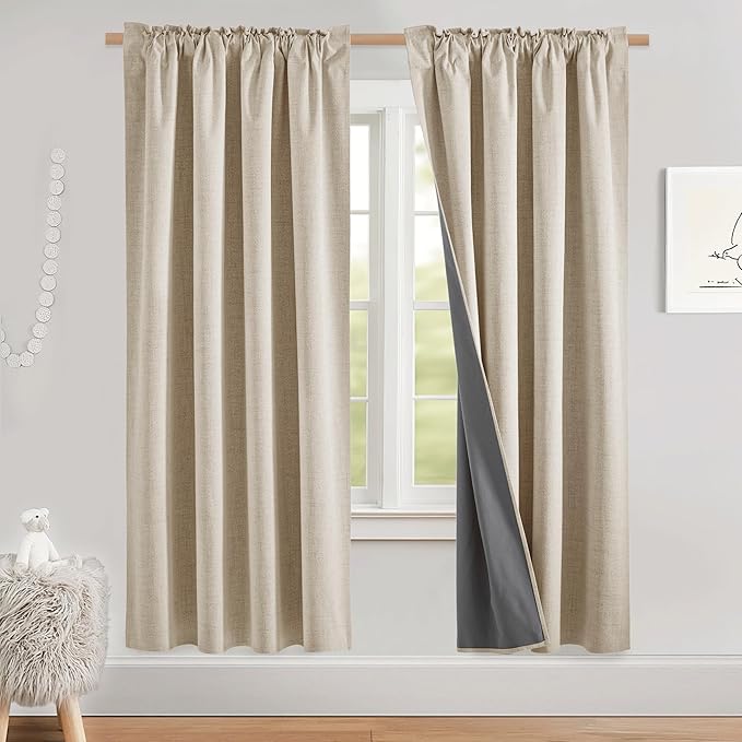 NICETOWN Cream Bedroom Full Blackout Linen Curtains, Thick Insulated Classic Rod Pocket Back Tab Blackout Draperies with White Thermal Insulated Liner for Nursery, Study (Set of 2, 52 by 72-inch)