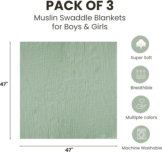 Konssy 3 Pack Muslin Swaddle Blankets for Unisex, Newborn Receiving Blanket, Large 47 x 47 inches, Soft Breathable Muslin Baby Swaddles for Boys & Girls