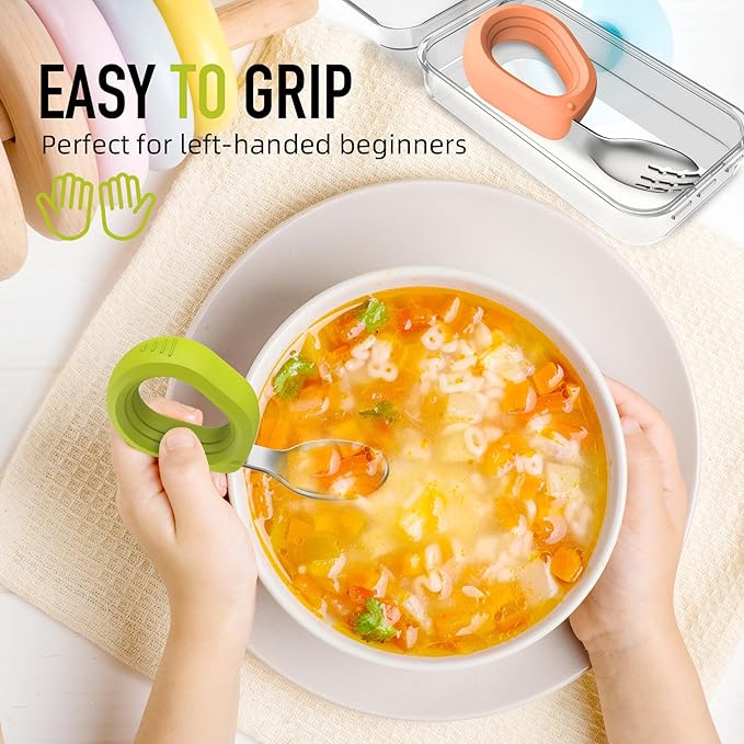 Yimido Toddler Utensils - Baby Forks and Spoons Set - Kids Stainless Steel Silverware - Children Safe - Self Feeding - Dishwasher Safe (Orange + Green)