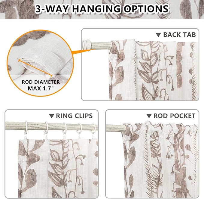 MEETSKY Boho Curtains 2 Panels Curtains 63 Inches Long Boho Linen Style Curtains for Living Room Semi-Sheer Back Tab Drapes Light Filtering Rod Pocket Window Curtains 2 Panels, Brown