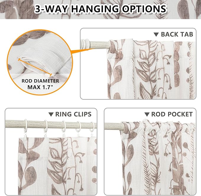 MEETSKY Flax Linen Boho Curtains 95 Inches, 2 Panels Light Filtering Window Modern Cotton Curtain for Living Room Brown Leaf Printed Soft Rod Pocket Curtain for Bedroom Office, 52x95 Inch