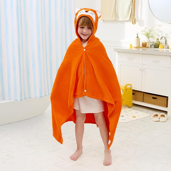 Joiedomi Hooded Towel for Kids Soft 100% Cotton Bath Beach Towel 30" x 50" for Kids 3-10 Years Toddler Pool Poncho with Hood Absorbent Swim Wrap for Boys Girls Orange Fox