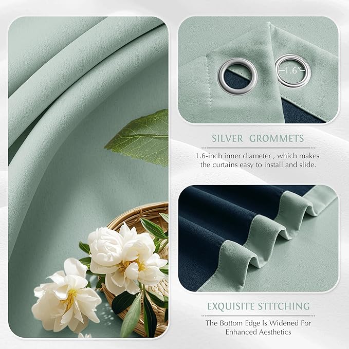 Beauoop 100% Blackout Curtains 54 Inch Long 2 Panels for Bedroom Living Room Seafoam Green Solid Room Darkening Thermal Insulated Soundproof Energy Saving Grommet Top Window Treatment Drapes,52x54