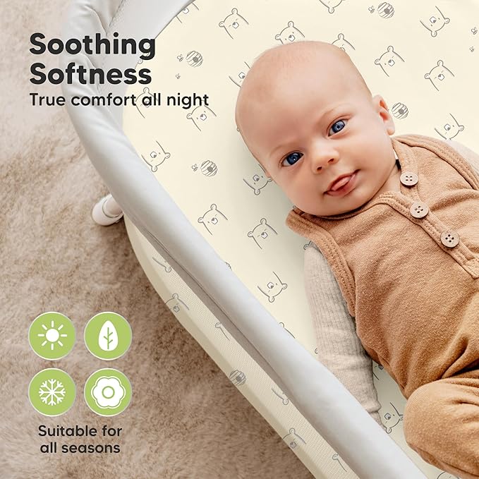 2-pk Waterproof Bassinet Sheets Girls, Boys, Cotton - 33x17 Universal Bassinet Mattress Pad Protector Cover,Compatible with Graco,Baby Delight,Chicco,Halo Bassinest Swivel Sleeper Fitted (Bumble Bear)