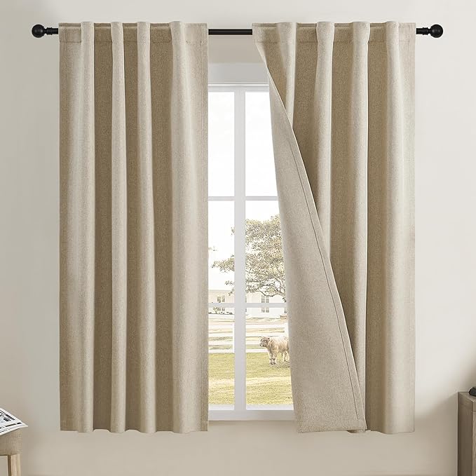 DUALIFE Short Linen Blackout Curtains 2 Panels- Back Tab Rod Pocket Narrow Curtain Panels for Small Window Cafe Kitchen Curtains 54 Inch Length,2 Panels,Taupe Tan Brown,W34 x L54