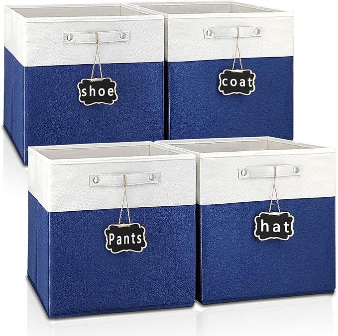12x12 Collapsible Fabric Storage Cubes, Set of 4, White Blue, Linen Cardboard, 40 lbs Capacity, Kallax Compatible