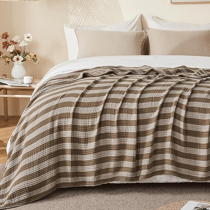 EMME Cotton Muslin Large Throw Blanket Couch Breathable Gauze Soft Lightweight Bed Blankets Adults (Striped Brown, 50"x70")