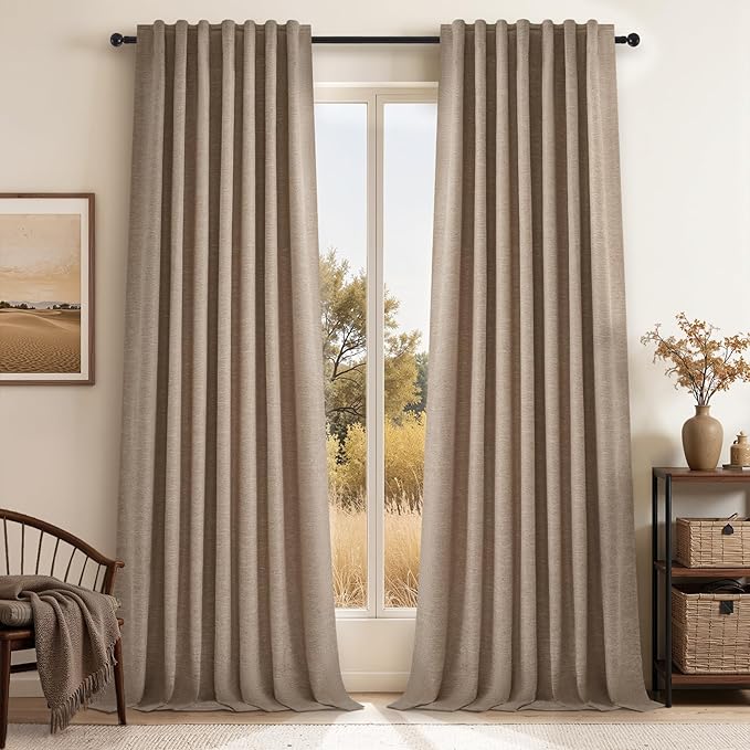 Topfinel 95 Inches Long Custom Linen Blackout Curtains Taupe Pinch Pleated Noise Cancelling Curtains with Pin Hooks for Traverse Burlap Viral Drapes 2 Panels for Living Room Bedroom