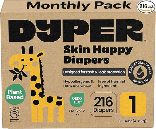 DYPER Monthly Pack Baby Diapers Size 1 (8-14 lbs) 216 Count - Leak-Proof & Plant Based, Hypoallergenic and Ultra Absorbent Size 1 Diapers for Day and Overnight Skin Protection (Packaging May Vary)