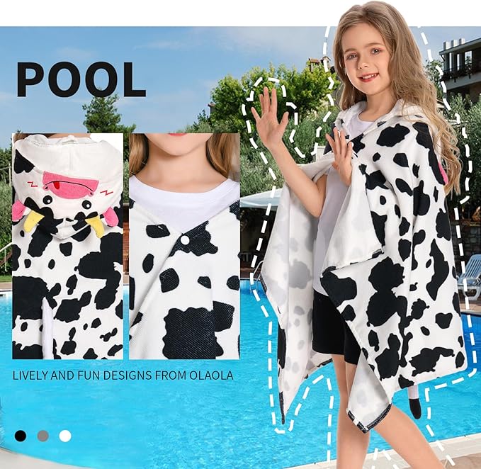 OLAOLA Cow Hooded Towel for Kids 3-12 Years, 28" x 53" Soft Thick Absorbent Beach Towels, Toddler Bath Towel Wrap Swim Pool Towels Poncho for Boys Girls