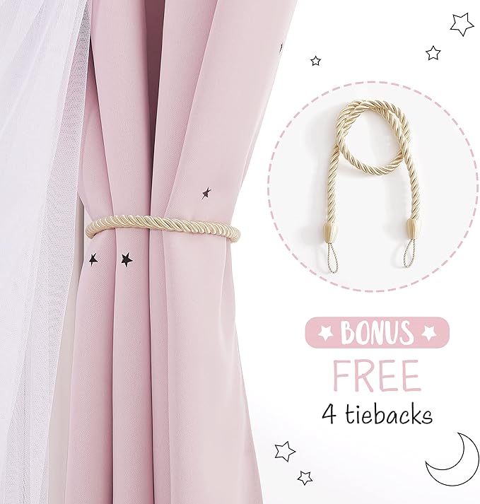 NICETOWN 2 Panels Stars Blackout Curtains for Bedroom Kids Baby Window Double Layer Moon Star Cut Out Living Room Decor Wall Home Decorations Curtain, W42 x L84 Inches Long, Pink