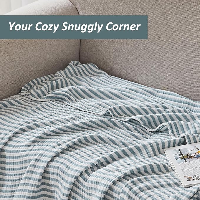 EMME Cotton Muslin Queen Blanket Bed Layering Bedspread Coverlet Breathable Gauze Soft Lightweight Adults (Striped Teal, 90"x90")