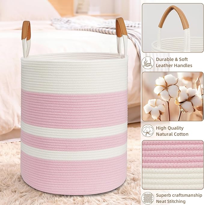 60L Striped Laundry Basket, Pink Laundry Hamper with Leather Handles, Woven Cotton Rope Storage Bin for Blankets, Nursery Hamper for Clothes, Toys In Bathroom, Livingroom, Bedroom