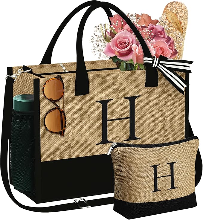 YOOLIFE Valentines Day Gifts for Her - Initial Jute Tote Bag & Makeup Bag, Birthday Gifts for Women Teacher Mom Wife Friend